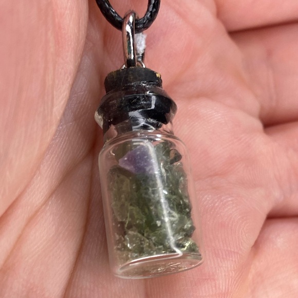 Real Raw Moldavite Chips  in Glass gem jar vial with steel top - Picture 1 of 4